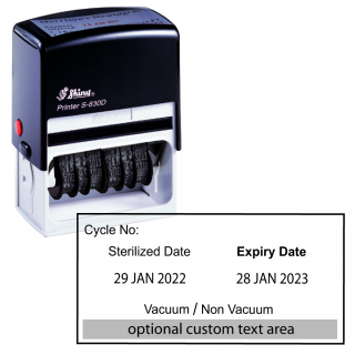 Timbro datario HTM 01-05 – Area stampa: 75 x 35mm Double Dater con date  sterilizzate e scadenza. Ha anche spazio per una singola riga di testo  personalizzato.