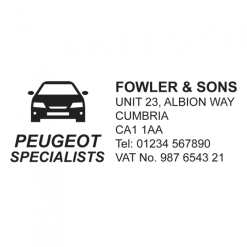 Timbro garage specializzato Peugeot | Area stampa: 56 x 20mm